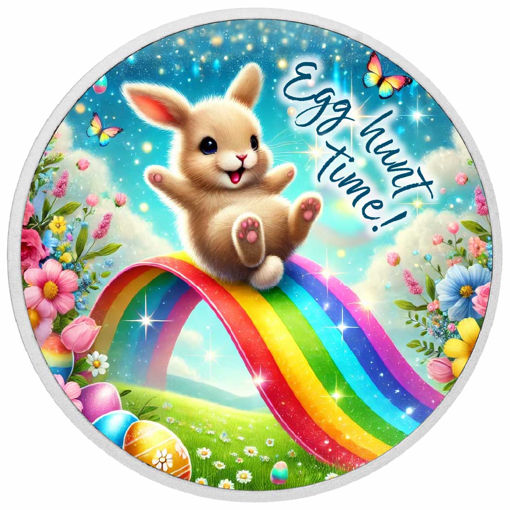 Egg Hunt Time: Rainbow Bunny Joyride 1oz Silver Coin - Arverni Mint