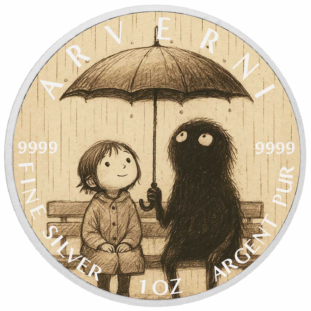 Pièce de monnaie de 1 oz en argent fin coloré « Un abri sous la pluie : murmures de bonté »