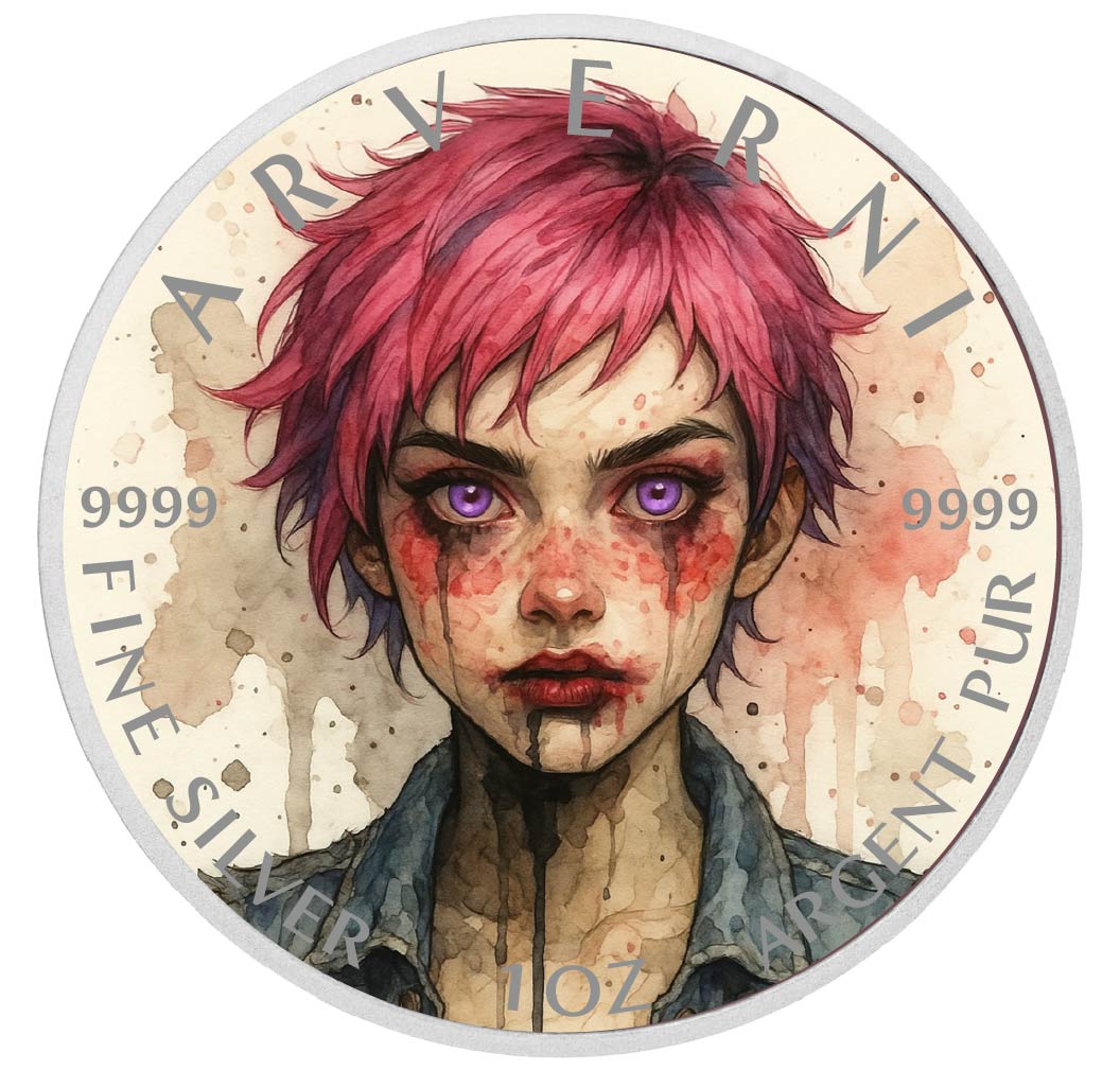Pièce de monnaie de 1 oz en argent fin coloré « Résolution cramoisie : le rebelle aux yeux violets »
