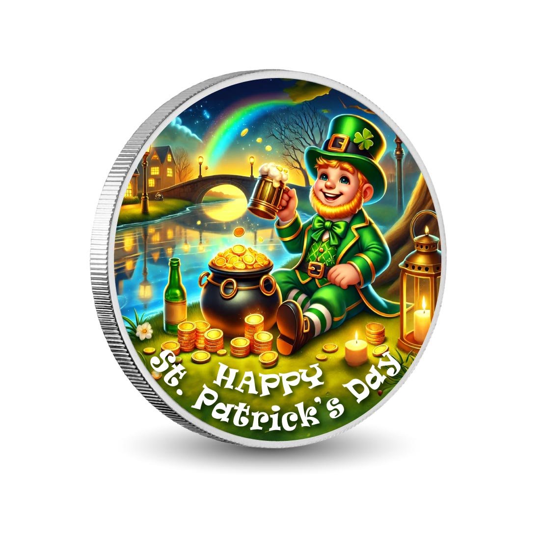 Leprechaun by the Riverside with Pot of Gold 1oz Coloured Coin - Arverni Mint