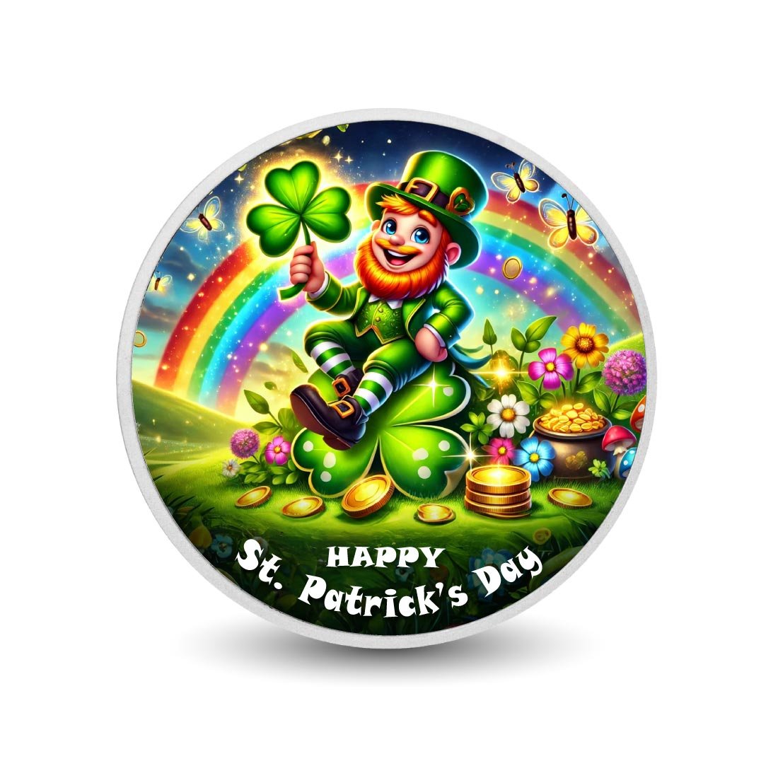 Lucky Leprechaun in a Rainbow Clover Garden 1oz Coloured Coin - Arverni Mint