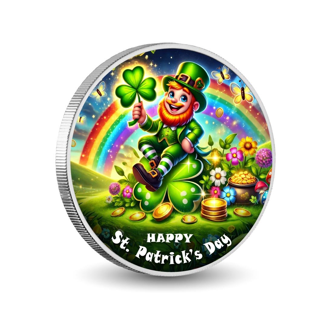 Lucky Leprechaun in a Rainbow Clover Garden 1oz Coloured Coin - Arverni Mint