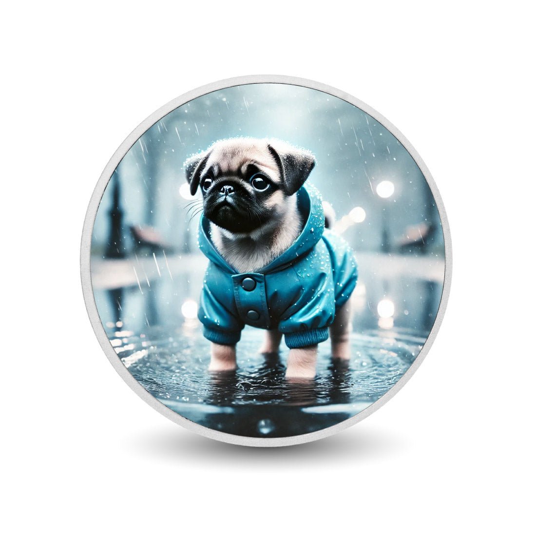 Midnight Showers: Pug in a Blue Raincoat 1oz Coin - Arverni Mint