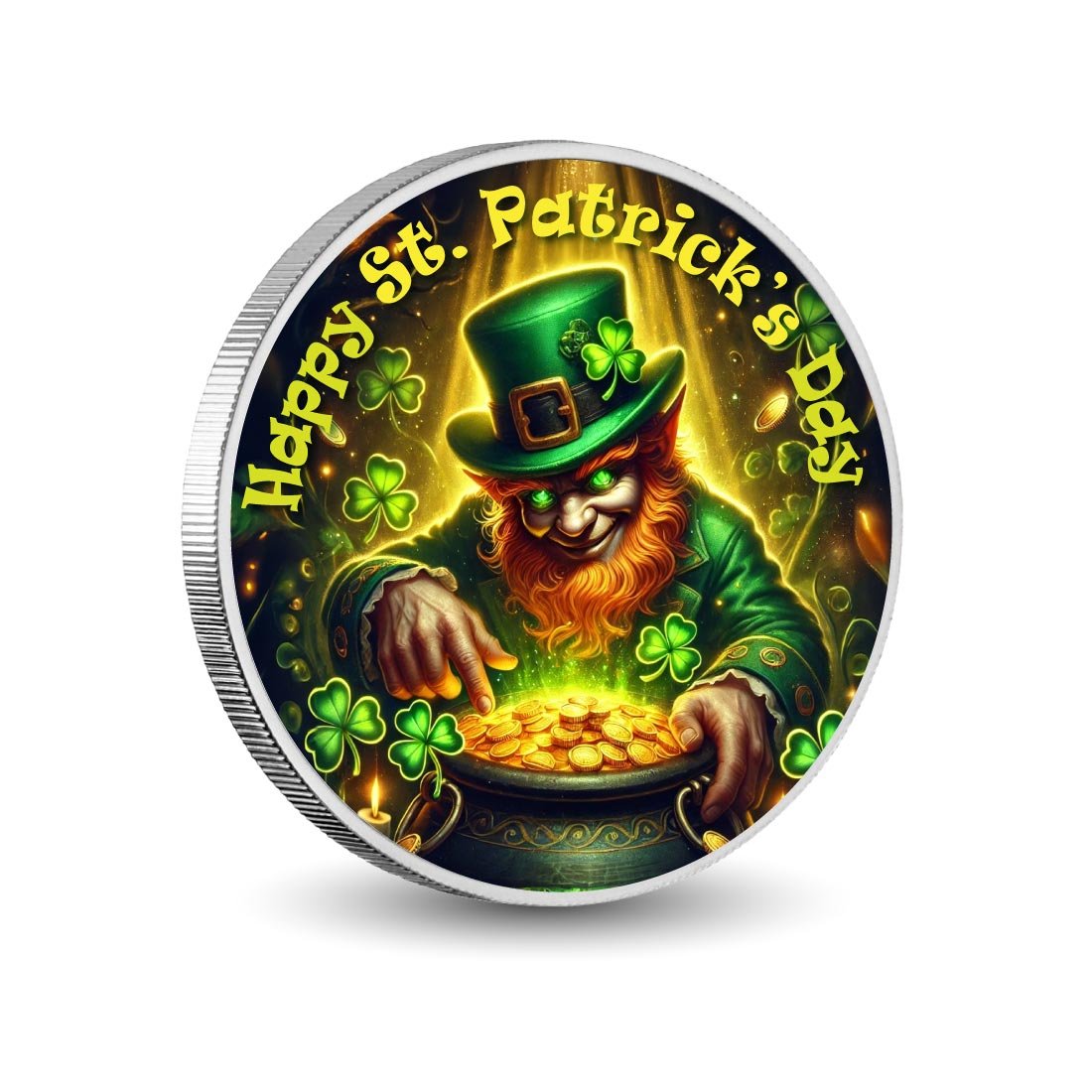 Mischievous Leprechaun Guarding the Pot of Gold 1oz Coloured Coin - Arverni Mint